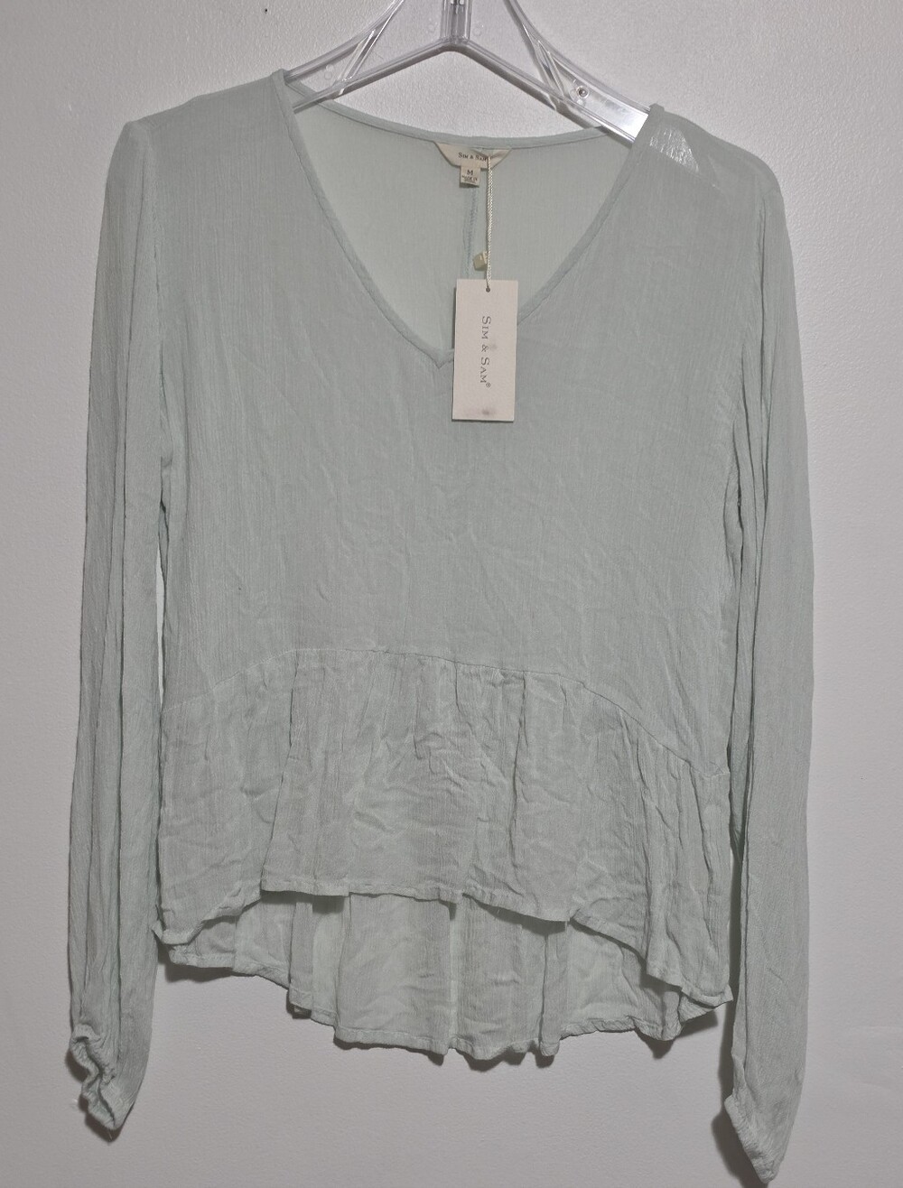 Sim & Sam Seafoam Peplum Blouse Long Sleeve V Neck Size M NWT